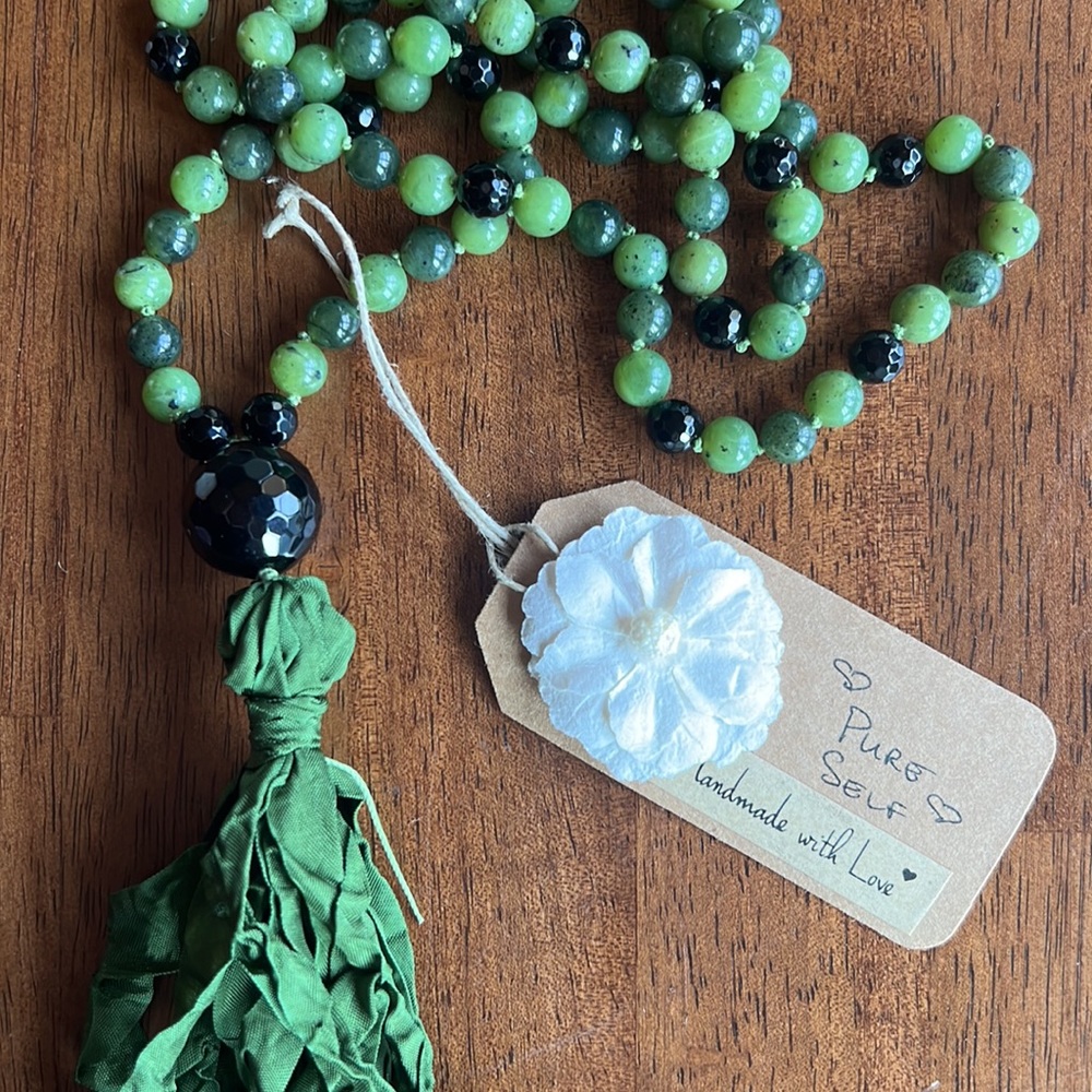 🌺HP🌺 "Pure Self": Handmade Nephrite Jade & Black Onyx Mala with Vintage Ribbon